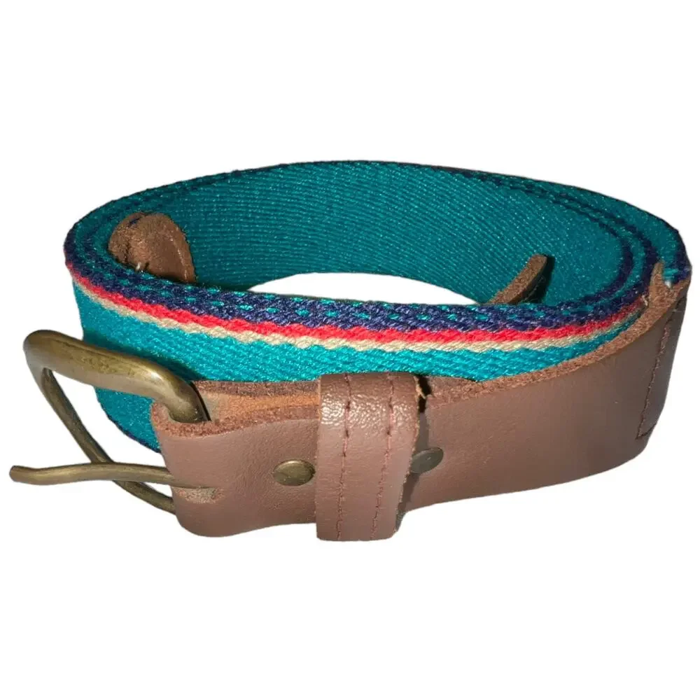 unbranded Vintage Blue Striped Belt with Leather Accents 37-40 Inch Waist